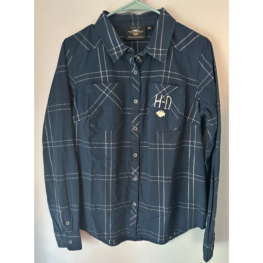 Harley-Davidson Women Windowpane Metallic Long Sleeve Button Down Shirt  Medium